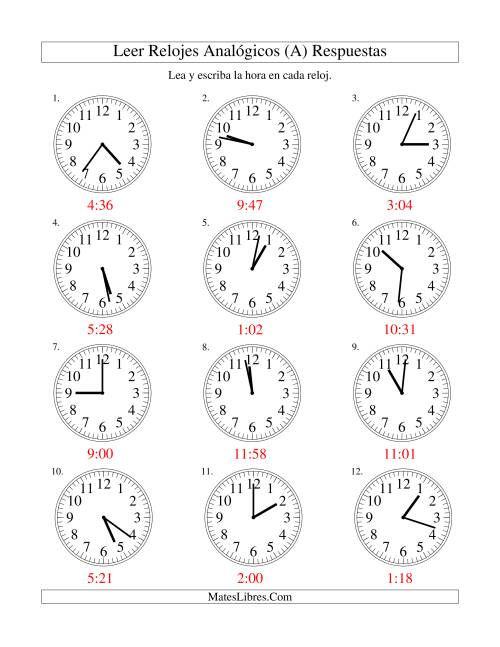 La hoja de ejercicios de Leer la Hora en un Reloj Analógico en Intervalos de 1 Minuto (Todas) Página 2