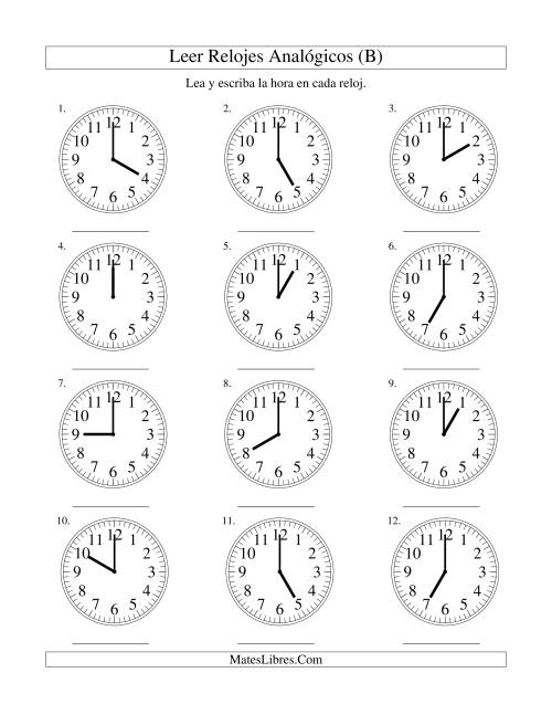 La hoja de ejercicios de Leer la Hora en un Reloj Analógico en Intervalos de Una Hora (B)