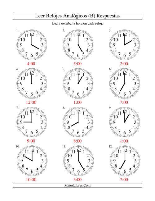 La hoja de ejercicios de Leer la Hora en un Reloj Analógico en Intervalos de Una Hora (B) Página 2