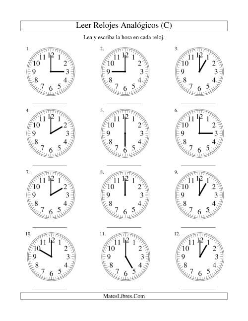La hoja de ejercicios de Leer la Hora en un Reloj Analógico en Intervalos de Una Hora (C)