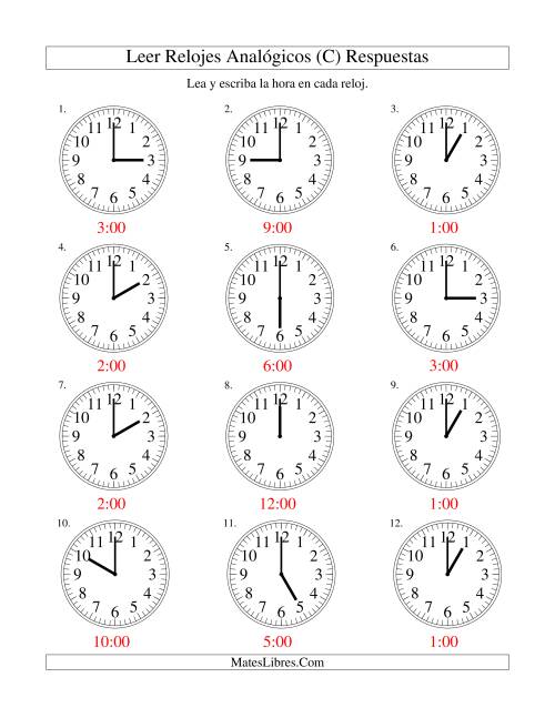 La hoja de ejercicios de Leer la Hora en un Reloj Analógico en Intervalos de Una Hora (C) Página 2