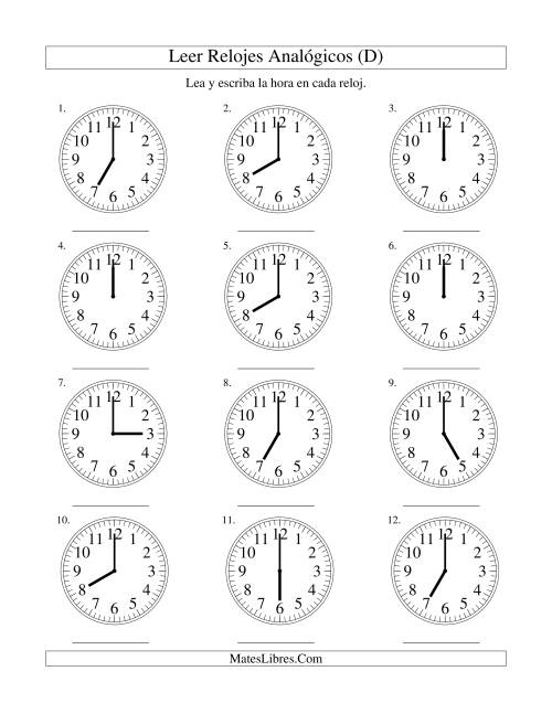 La hoja de ejercicios de Leer la Hora en un Reloj Analógico en Intervalos de Una Hora (D)