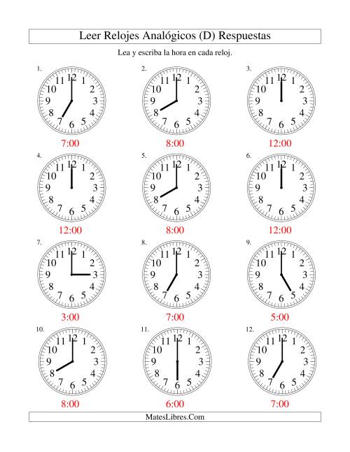 La hoja de ejercicios de Leer la Hora en un Reloj Analógico en Intervalos de Una Hora (D) Página 2