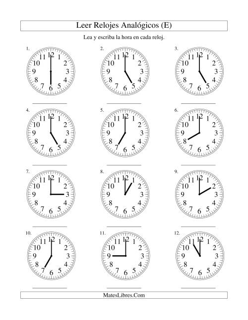 La hoja de ejercicios de Leer la Hora en un Reloj Analógico en Intervalos de Una Hora (E)