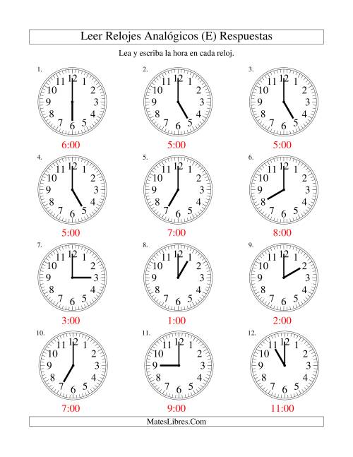 La hoja de ejercicios de Leer la Hora en un Reloj Analógico en Intervalos de Una Hora (E) Página 2