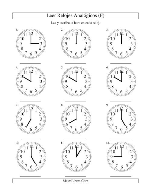 La hoja de ejercicios de Leer la Hora en un Reloj Analógico en Intervalos de Una Hora (F)