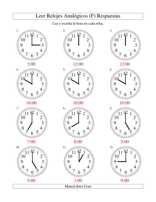 La hoja de ejercicios de Leer la Hora en un Reloj Analógico en Intervalos de Una Hora (F) Página 2