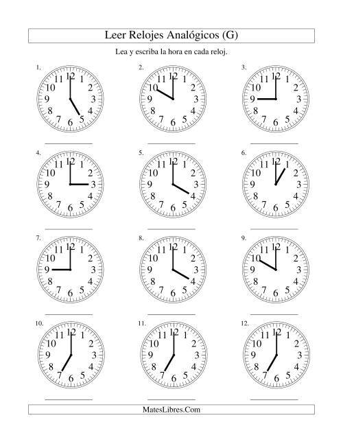 La hoja de ejercicios de Leer la Hora en un Reloj Analógico en Intervalos de Una Hora (G)