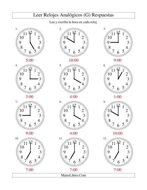 La hoja de ejercicios de Leer la Hora en un Reloj Analógico en Intervalos de Una Hora (G) Página 2