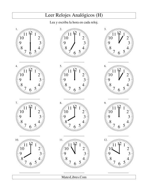 La hoja de ejercicios de Leer la Hora en un Reloj Analógico en Intervalos de Una Hora (H)
