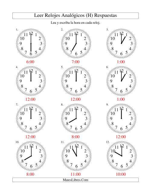 La hoja de ejercicios de Leer la Hora en un Reloj Analógico en Intervalos de Una Hora (H) Página 2