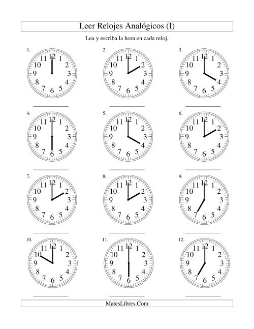 La hoja de ejercicios de Leer la Hora en un Reloj Analógico en Intervalos de Una Hora (I)
