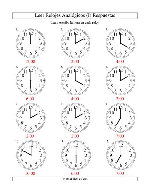 La hoja de ejercicios de Leer la Hora en un Reloj Analógico en Intervalos de Una Hora (I) Página 2