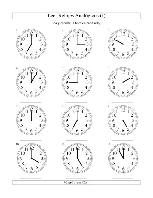 La hoja de ejercicios de Leer la Hora en un Reloj Analógico en Intervalos de Una Hora (J)