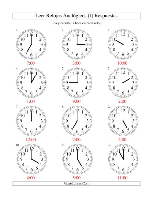 La hoja de ejercicios de Leer la Hora en un Reloj Analógico en Intervalos de Una Hora (J) Página 2