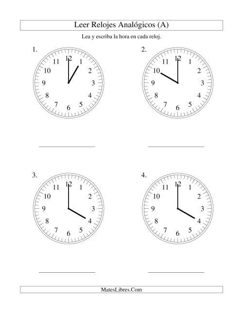 La hoja de ejercicios de Leer la Hora en un Reloj Analógico en Intervalos de Una Hora (Grande)