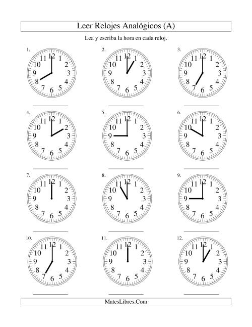 La hoja de ejercicios de Leer la Hora en un Reloj Analógico en Intervalos de Una Hora (Todas)