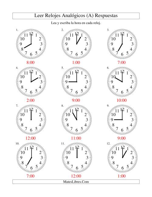 La hoja de ejercicios de Leer la Hora en un Reloj Analógico en Intervalos de Una Hora (Todas) Página 2
