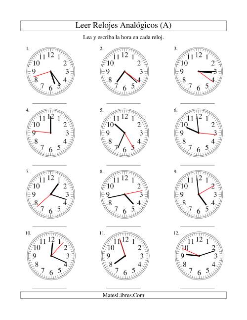 La hoja de ejercicios de Leer la Hora en un Reloj Analógico en Intervalos de 1 Segundo (A)