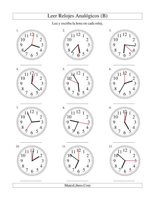 La hoja de ejercicios de Leer la Hora en un Reloj Analógico en Intervalos de 1 Segundo (B)