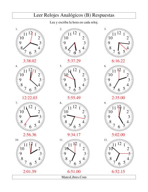 La hoja de ejercicios de Leer la Hora en un Reloj Analógico en Intervalos de 1 Segundo (B) Página 2