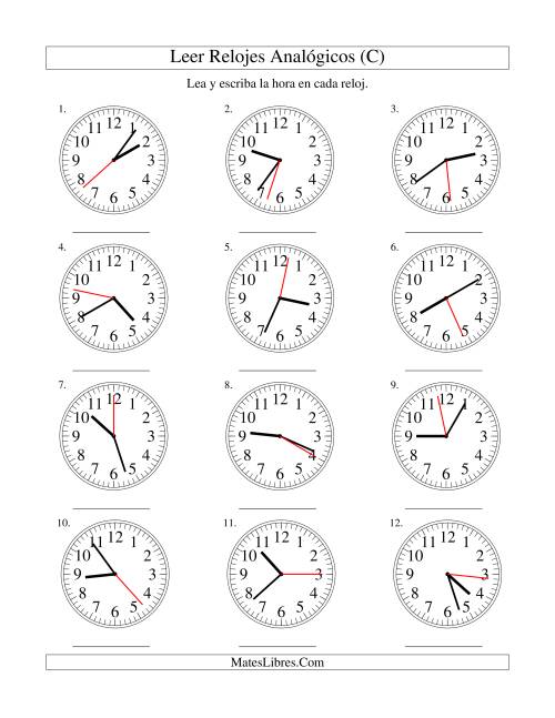 La hoja de ejercicios de Leer la Hora en un Reloj Analógico en Intervalos de 1 Segundo (C)