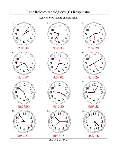 La hoja de ejercicios de Leer la Hora en un Reloj Analógico en Intervalos de 1 Segundo (C) Página 2