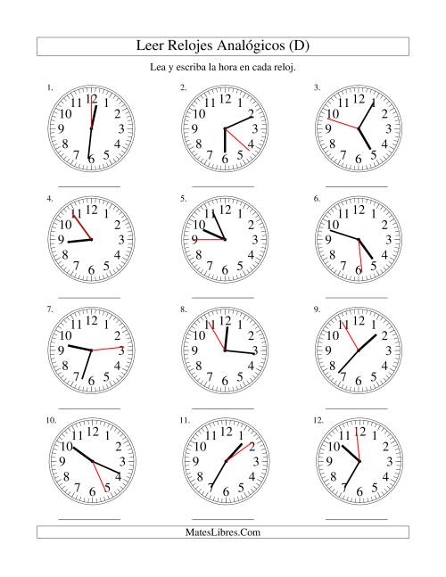 La hoja de ejercicios de Leer la Hora en un Reloj Analógico en Intervalos de 1 Segundo (D)