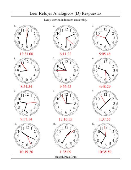 La hoja de ejercicios de Leer la Hora en un Reloj Analógico en Intervalos de 1 Segundo (D) Página 2