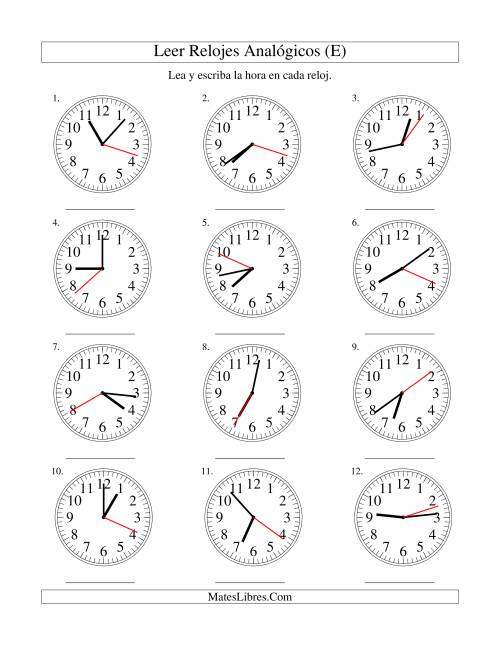 La hoja de ejercicios de Leer la Hora en un Reloj Analógico en Intervalos de 1 Segundo (E)