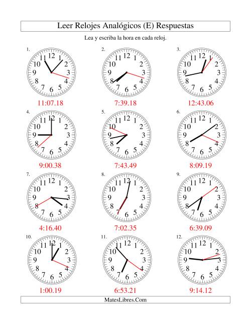 La hoja de ejercicios de Leer la Hora en un Reloj Analógico en Intervalos de 1 Segundo (E) Página 2