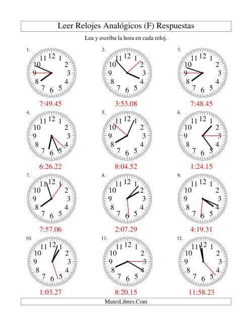 La hoja de ejercicios de Leer la Hora en un Reloj Analógico en Intervalos de 1 Segundo (F) Página 2