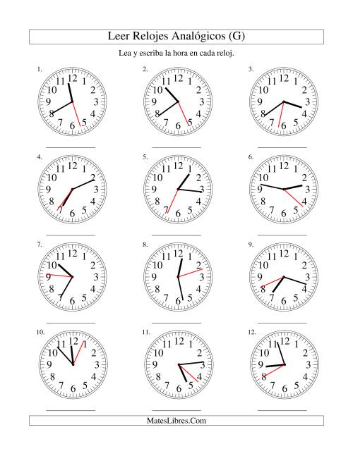 La hoja de ejercicios de Leer la Hora en un Reloj Analógico en Intervalos de 1 Segundo (G)