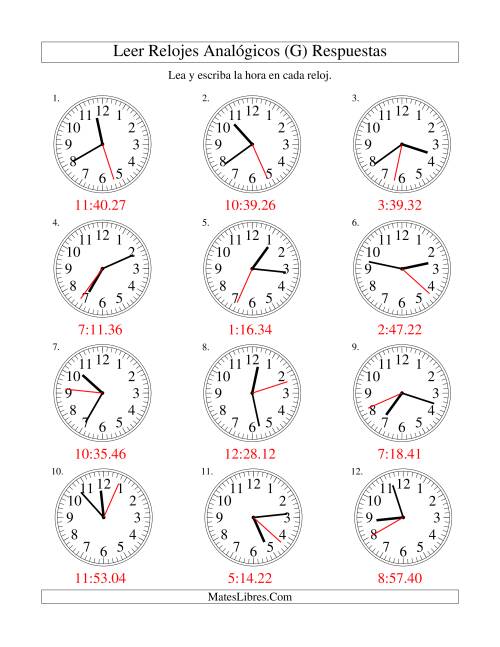 La hoja de ejercicios de Leer la Hora en un Reloj Analógico en Intervalos de 1 Segundo (G) Página 2