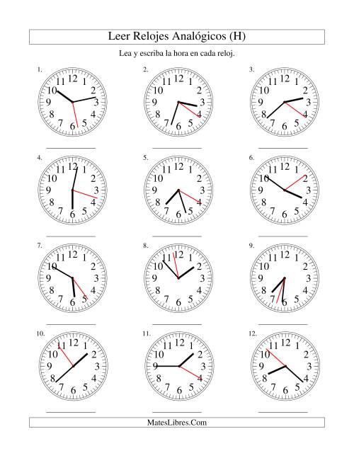 La hoja de ejercicios de Leer la Hora en un Reloj Analógico en Intervalos de 1 Segundo (H)