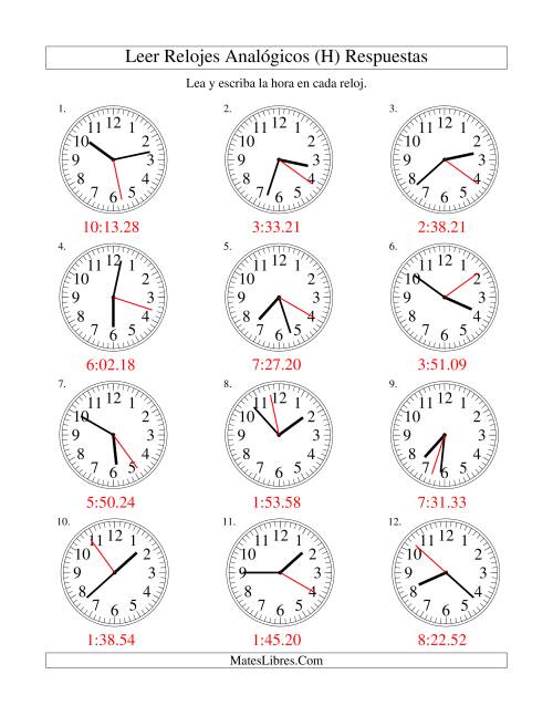 La hoja de ejercicios de Leer la Hora en un Reloj Analógico en Intervalos de 1 Segundo (H) Página 2