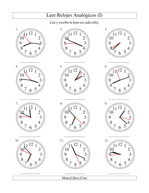 La hoja de ejercicios de Leer la Hora en un Reloj Analógico en Intervalos de 1 Segundo (I)