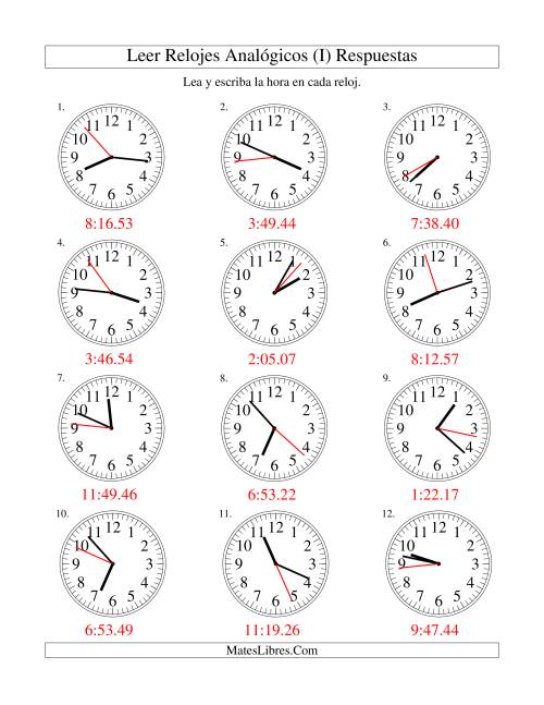 La hoja de ejercicios de Leer la Hora en un Reloj Analógico en Intervalos de 1 Segundo (I) Página 2