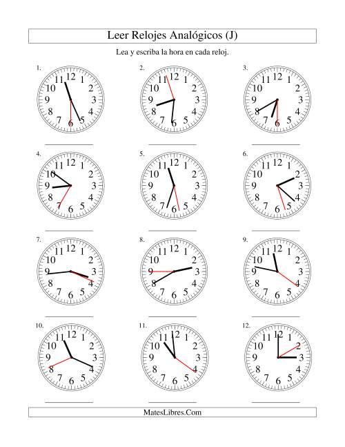 La hoja de ejercicios de Leer la Hora en un Reloj Analógico en Intervalos de 1 Segundo (J)