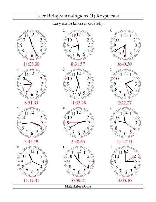 La hoja de ejercicios de Leer la Hora en un Reloj Analógico en Intervalos de 1 Segundo (J) Página 2