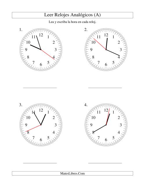 La hoja de ejercicios de Leer la Hora en un Reloj Analógico en Intervalos de 1 Segundo (Grande)