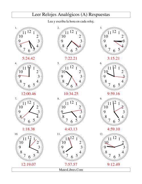 La hoja de ejercicios de Leer la Hora en un Reloj Analógico en Intervalos de 1 Segundo (Todas) Página 2