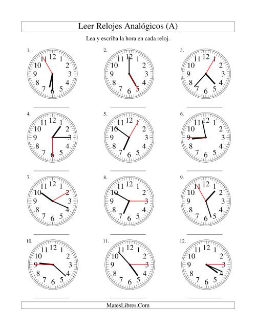 La hoja de ejercicios de Leer la Hora en un Reloj Analógico en Intervalos de 5 Segundos (A)