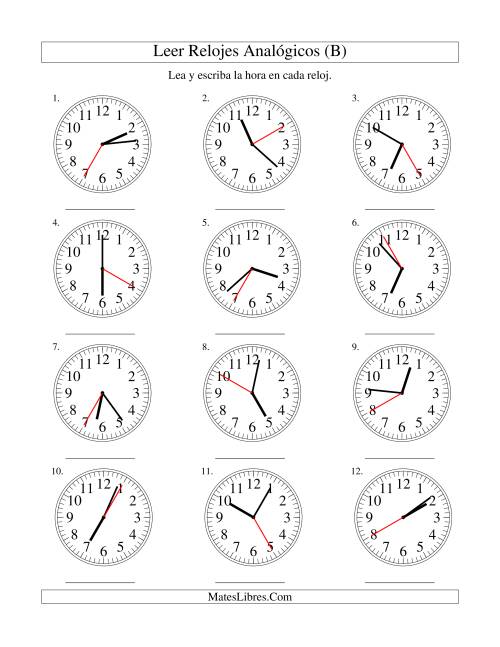 La hoja de ejercicios de Leer la Hora en un Reloj Analógico en Intervalos de 5 Segundos (B)