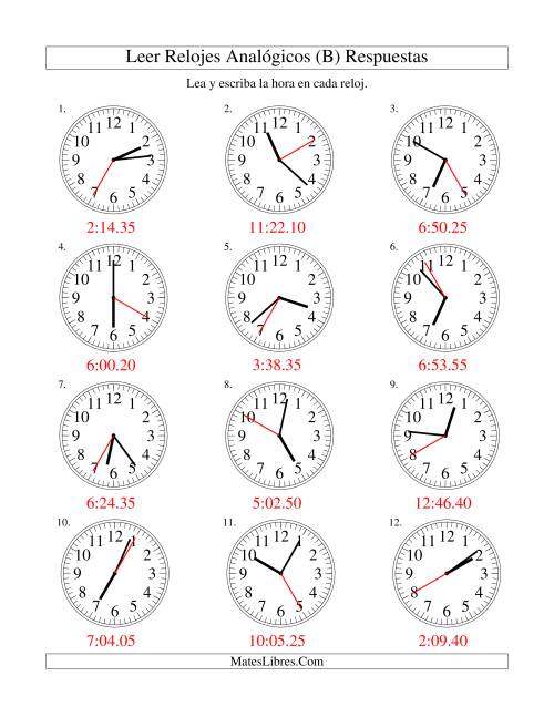 La hoja de ejercicios de Leer la Hora en un Reloj Analógico en Intervalos de 5 Segundos (B) Página 2