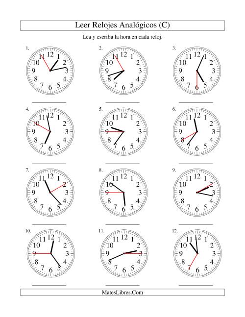 La hoja de ejercicios de Leer la Hora en un Reloj Analógico en Intervalos de 5 Segundos (C)