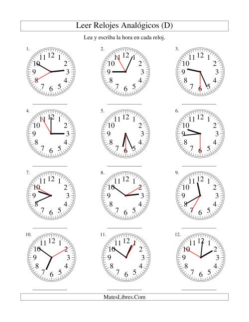 La hoja de ejercicios de Leer la Hora en un Reloj Analógico en Intervalos de 5 Segundos (D)