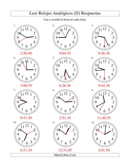 La hoja de ejercicios de Leer la Hora en un Reloj Analógico en Intervalos de 5 Segundos (D) Página 2