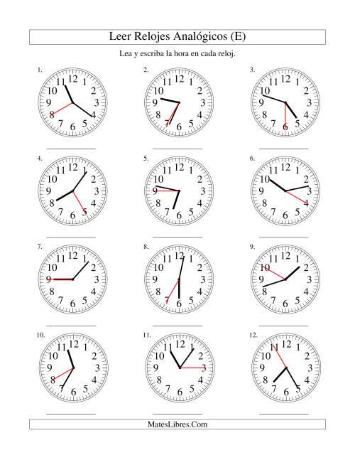 La hoja de ejercicios de Leer la Hora en un Reloj Analógico en Intervalos de 5 Segundos (E)