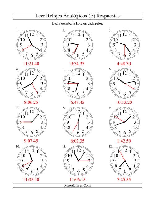 La hoja de ejercicios de Leer la Hora en un Reloj Analógico en Intervalos de 5 Segundos (E) Página 2